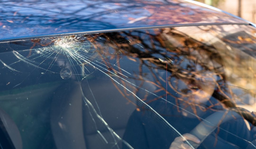 A woman sitting in her car holding onto the steering wheel while looking at a crack in her windshield with an annoyed look.