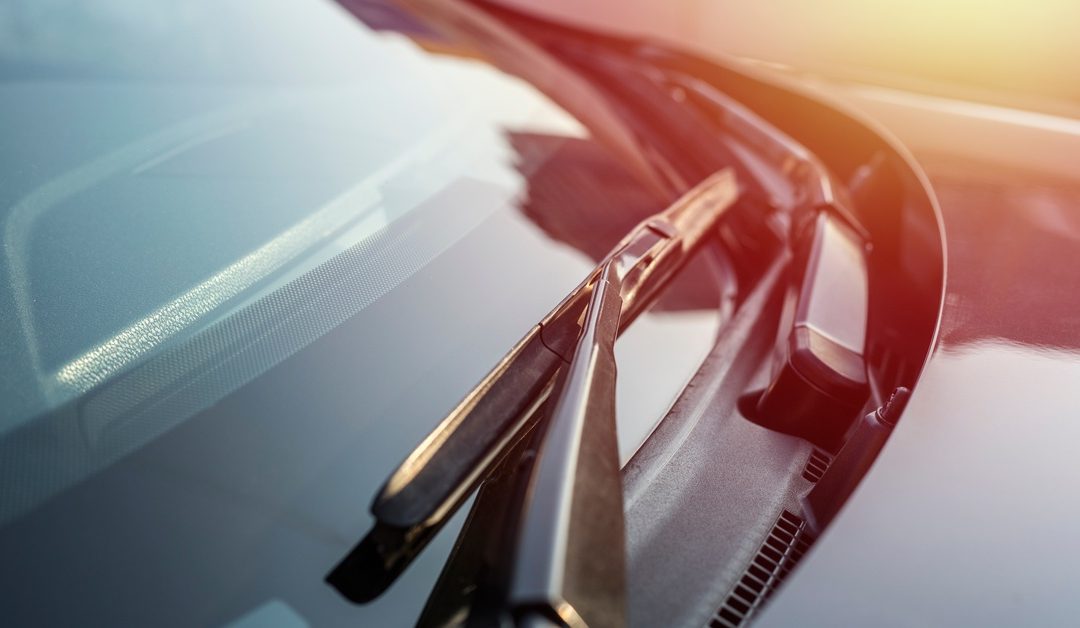 An extreme close-up showing the windshield on a dark-colored car with the sunlight reflecting off it.