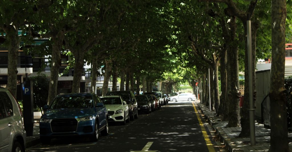 A row of different cars parked near a meter on the side of a shady, tree-lined one-way street in a city.
